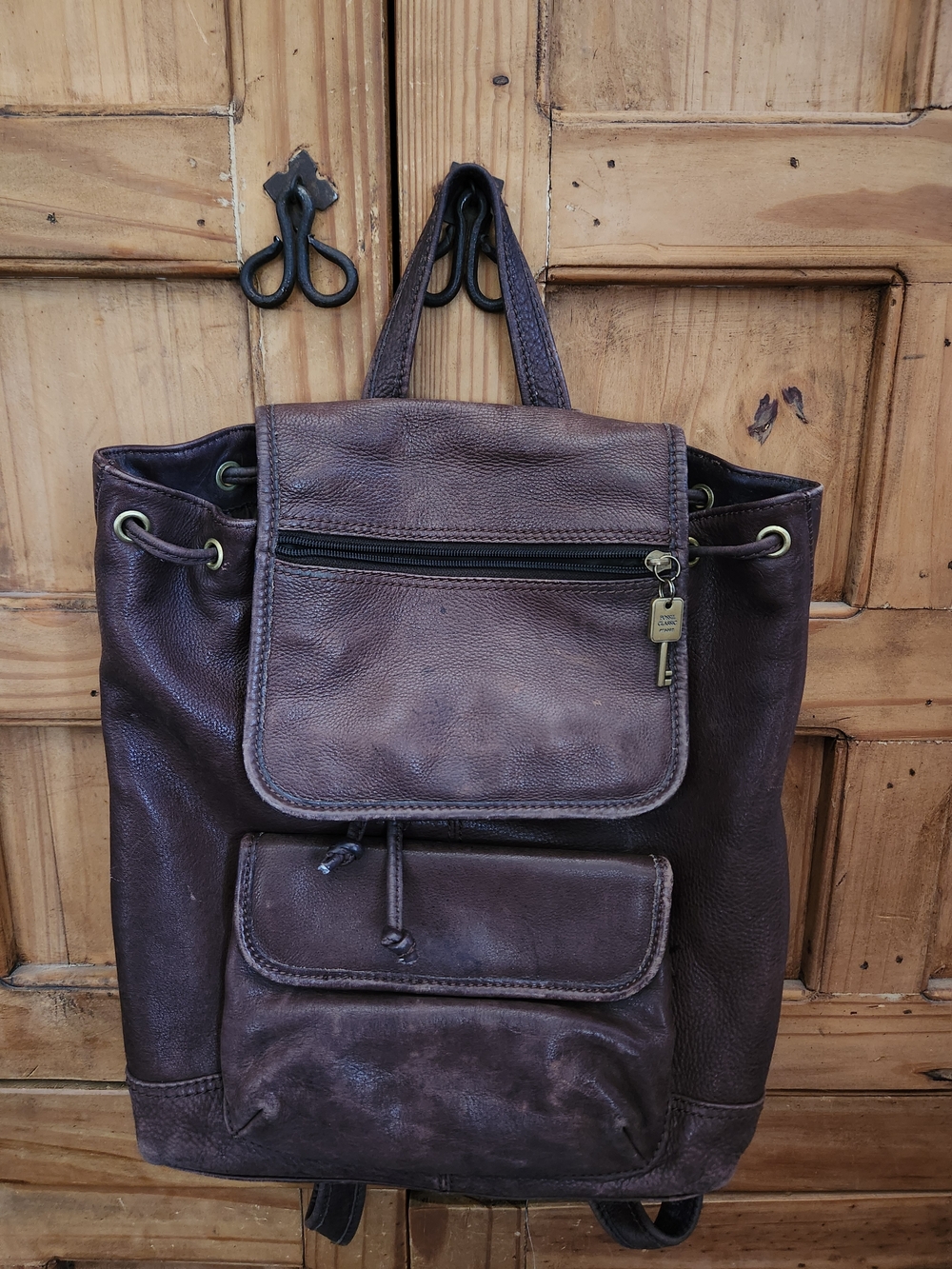 Fossil Dark Brown Leather Drawstring Backpack with Front Pockets
